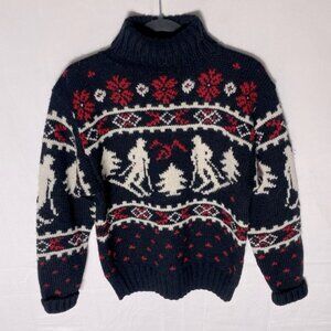 Vintage Ralph Lauren Hand Knit Wool Black Red White Skiers Turtleneck Sweater M
